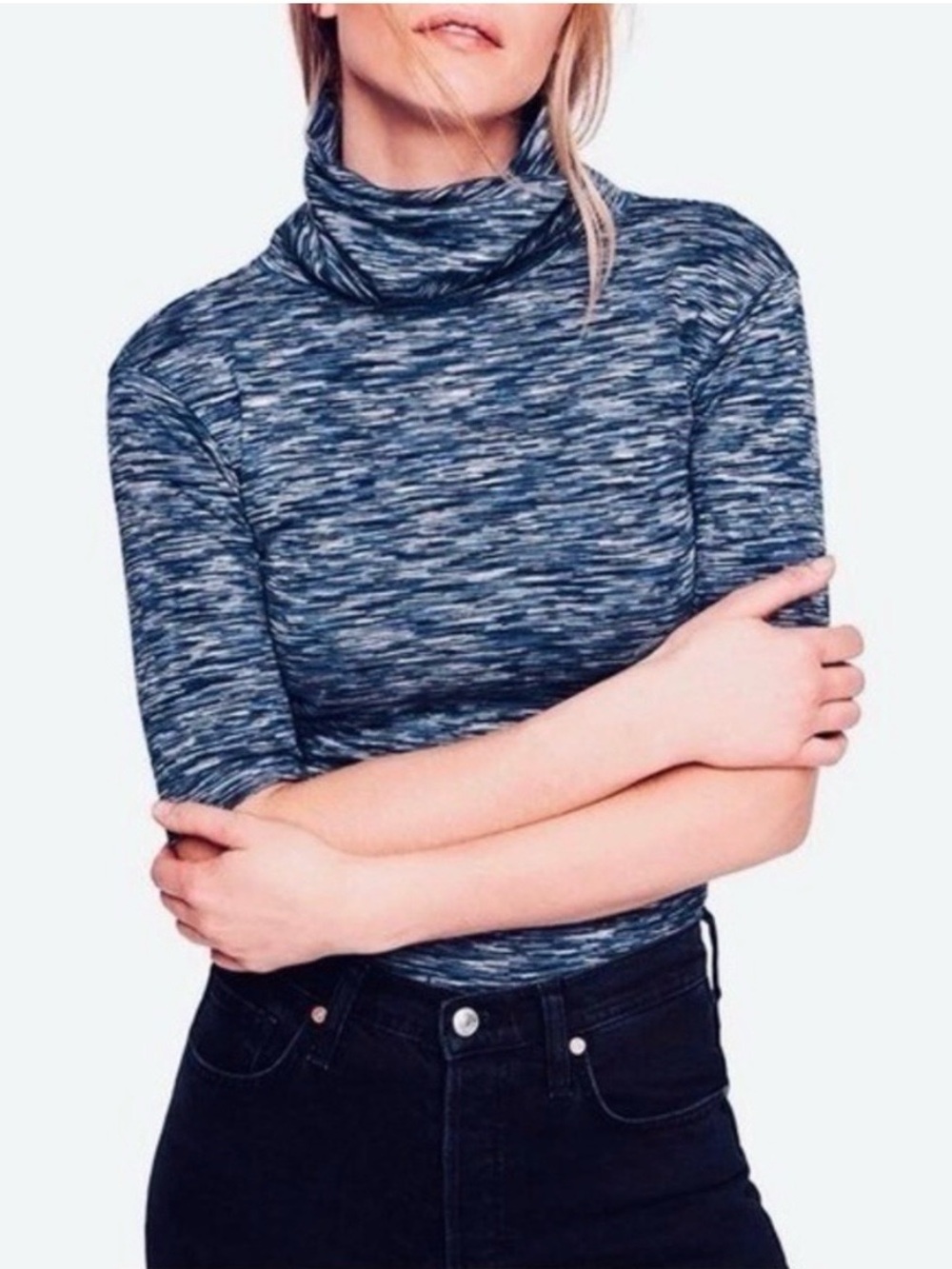 Free People Top Women Sz M Blue Space Dyed Turtleneck Cotton Stretch Casual